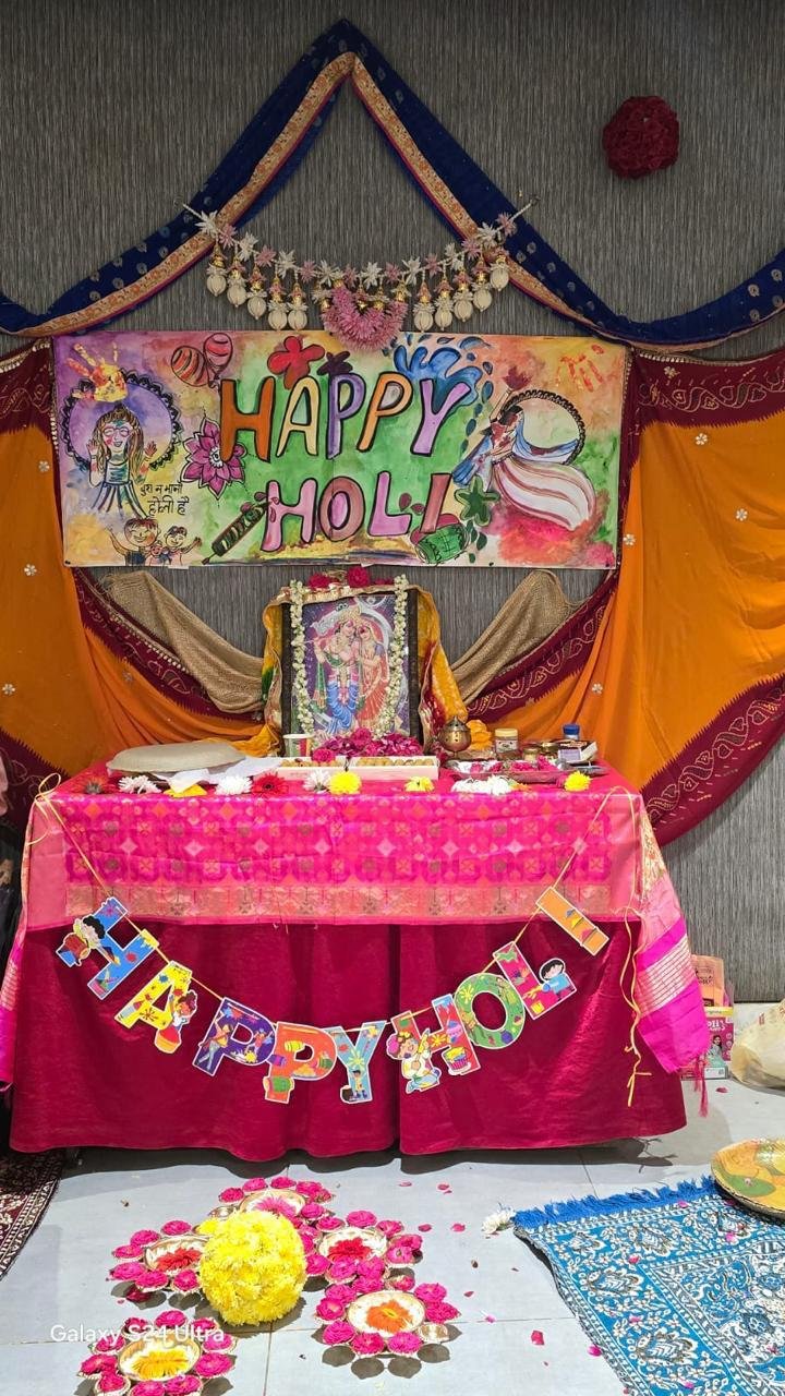 Holi celebration setup with traditional decor